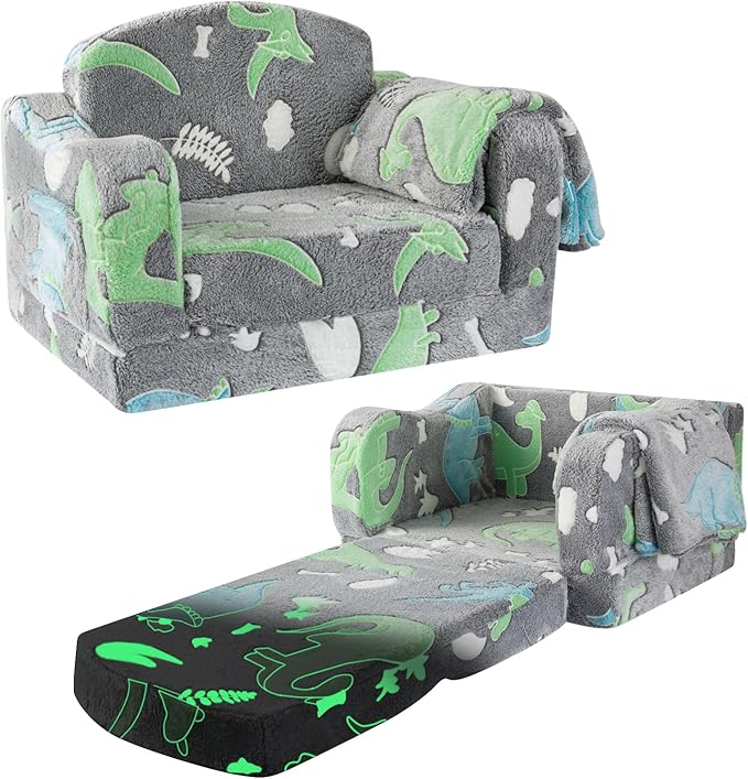 Comfy Toddler Chair and Couch for Kids with Blanket,2-in-1 Soft Plush Fold Out Toddler Couch for Girls and Boys,Convertible Sofa to Lounger for Playroom,Gray Dinosaur