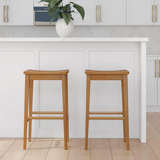 Plank+Beam Smythe Bar Stool, Set of 2, 30", Sturdy Wood Modern Kitchen Bar Height Stool, Saddle Seat Backless Bar Chair, Metal Footrest, Pecan