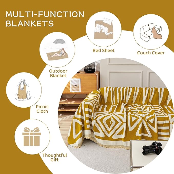 STACYPIK Boho Mustard Yellow Couch Cover Sofa Cover for Dogs Reversible Furniture Protector for 2 Cushion Couch Washable Sectional Sofa Covers Loveseat Cover Non Slip Pet Protector Cover-71X90IN