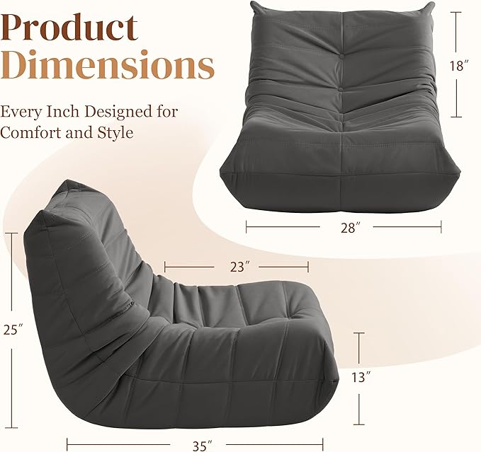 Bean Bag Chair, Fireside Chair Bean Bag Sofa for Adults, Bean Bag Chairs for Teens with High-Resilience Foam, Memory Foam & Non-Slip Base Bean Bag for Living Room, Bedroom, Office (Suede, Dark Gray)