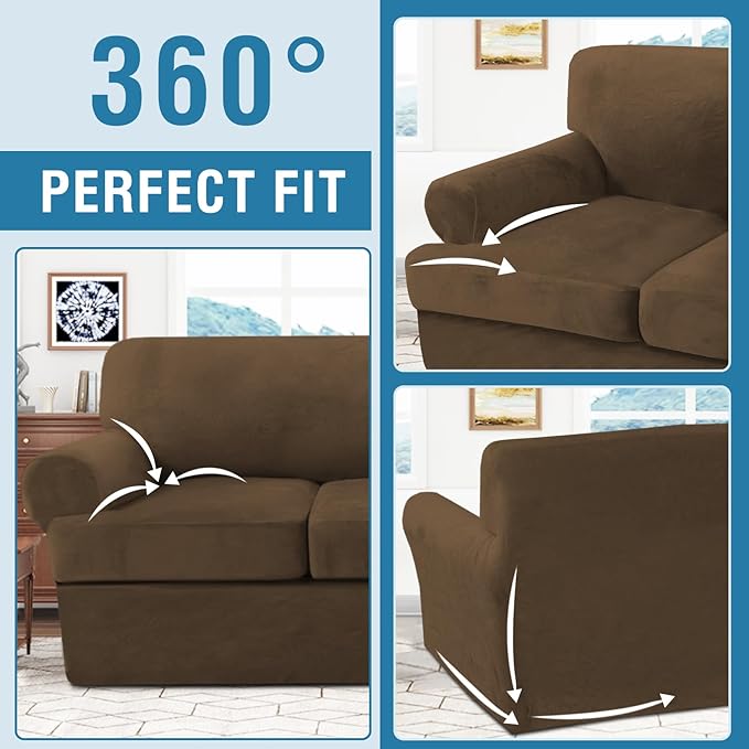 H.VERSAILTEX Sofa Cover 2 Piece T Cushion Armchair Slipcovers Thick Velvet Couch Cover Stretch T Cushion Sofa Covers for 1 Cushion Couch with 1 Individual T Cushion Covers, Bronze Brown
