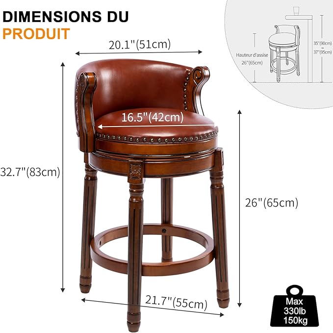 Cow top Leather Wooden Bar Stools, 26" Counter Height Bar Chair with Back, 180 Degrees Swivel Barstools Chair for Home Kitchen Counter,Dining Room, Restaurant