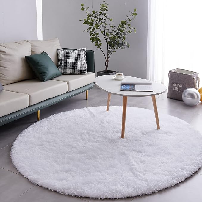 FJZFING White Round Rug Ultra-Soft Plush Modern 4x4 Circle Area Rug for Kid's Bedroom, Fluffy Shag Circular Rug for Nursery Room, Non-Slip Home Decor Cute White Carpet for Teen's Room