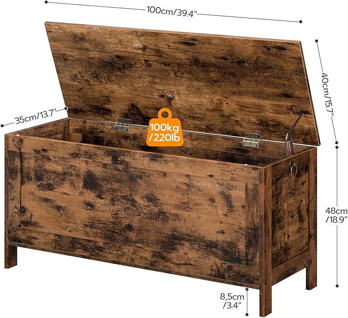 HOOBRO Toy Box, Retro Wooden Look Storage Chest with Safety Hinge, Entryway Storage Bench Supports 220 lb, 39.4 x 15.7 x 18.9 Inches Toy Chest Organizer, Easy Assembly (Rustic Brown) BF100CW01