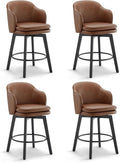 Counter Height Barstools 26 inch Upholstered Swivel Bar Stools with Back and Wood Legs for Kitchen Island,Set of 4,Brown PU Leather