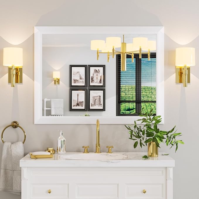 Amorho Bathroom Mirror, 40x30 Inch White Thick Metal Framed Wall Mirrors for Over Sink, Bedroom, Living Room, Entryway, Rectangle Wall-Mounted Mirrors(Horizontal/Vertical).