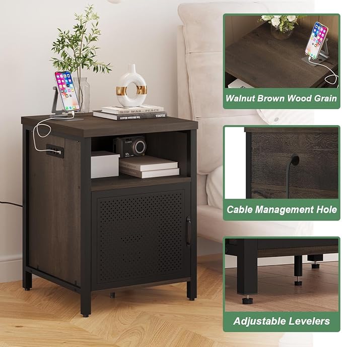 FATORRI End Table with Storage, Rustic Side Table for Living Room, Narrow Wood and Metal Bedside Tables with Door (Walnut Brown)