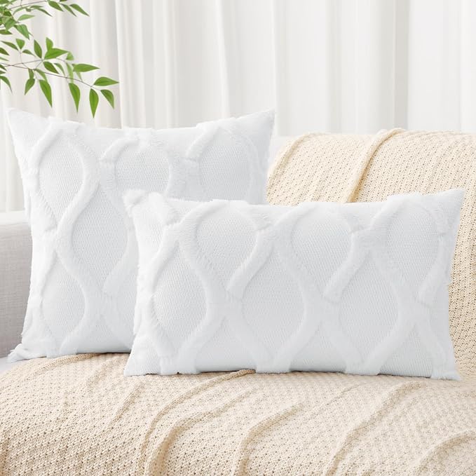 decorUhome Throw Pillow Covers 16x16 Inch Set of 2, Soft Plush Faux Fur Wool Pure White Couch Pillow Covers, Decorative Neutral Pillow Cases for Bed Sofa Living Room Home Decor