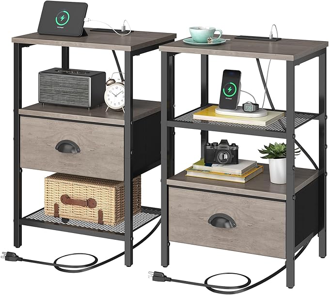 Nightstands Set of 2, Night Stands with Charging Station and Fabric Drawer, Grey Bedside Tables with Drawer, 2- Tier Side Table with Storage, Nightstands with Charging Station,Grey