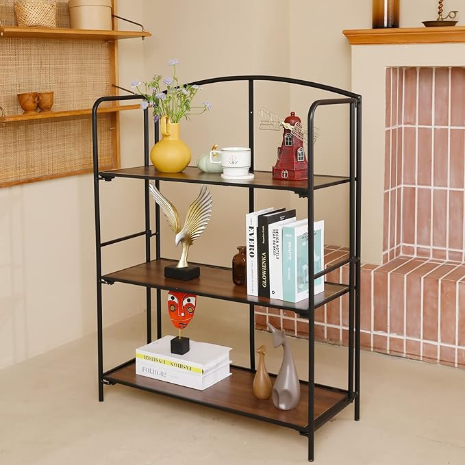 Crofy No Assembly Folding Bookshelf for Living Room, 3 Tier Black Collapsible Book Shelf for Home Office, Portable Bookcase Storage Organizer