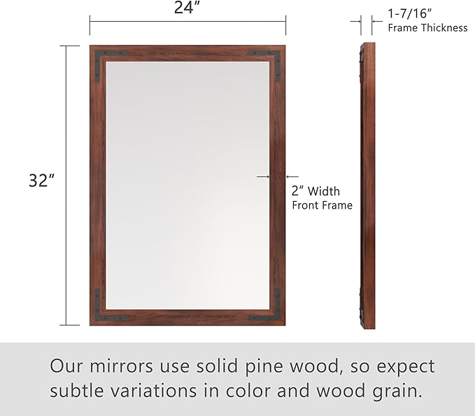 VocalStar Rustic Wood Framed Mirror 24 x 32 Inch, Natural Dark Brown Wooden Rectangle Bathroom Vanity Wall Mirror for Farmhouse Boho Decor, 1/4-inch Shatterproof Glass | Waterproof