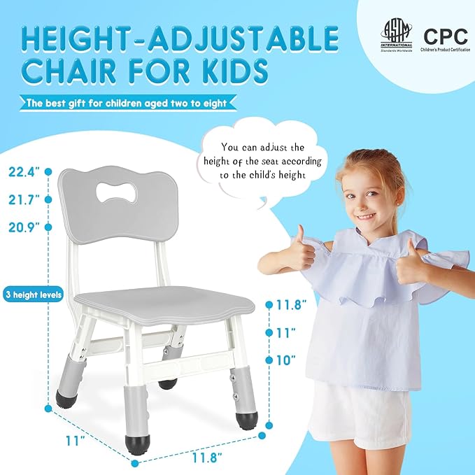 Kids Height Adjustable Toddler Chair Max Load 220LBS Plastic Indoor Outdoor for Children Age 1-6 School Home Daycare Use Grey