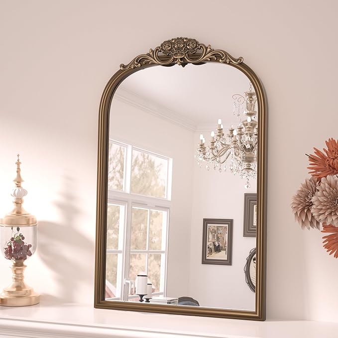 Keonjinn Gold Vintage Arched Mirror for Wall, 16" x 24" Brass Mirror with Metal Frame, Ornate Baroque Decoration for Mantle, Living Room, French Cleat Mounting