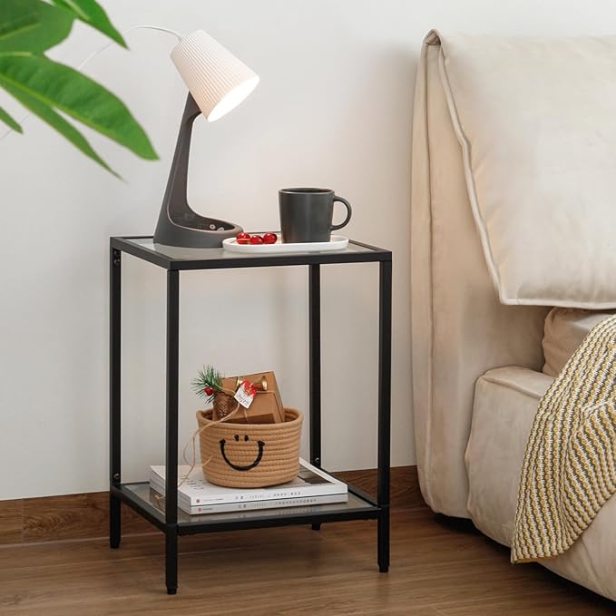 Modern 2-Tier Tempered Glass End Table - Stylish Black Metal Side Table for Small Spaces, Perfect for Living Room & Bedroom (Black, 2PCS)
