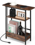 Narrow Side Table with USB-C Charging Station, 3-Tier Slim End Table with Magazine Holder, Modern Side Table for Couch or Small Spaces, Skinny Nightstand for Living Room or Bedroom