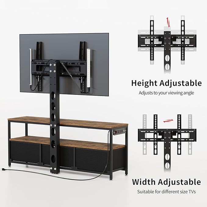 JUSTOGO TV Stand with Mount and Power Outlet, TV Stand with Drawers Storage for Living Room Bedroom, LED Entertainment Center for 45/55/60/65 inch, Height Adjustable Media Console, Rustic