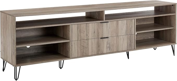 Manhattan Comfort Dumbo Mid Century Modern TV Stand for Televisions up to 80 Inches, Home Entertainment Center with Storage, 6 Shelves, 2 Drawers, No Tool Assembly, 85" Wide, Rustic Grey