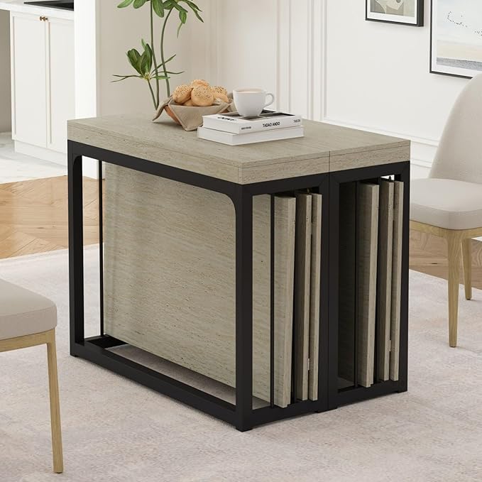 KEIKI 23.62" - 118" L Extendable Foldable Dining Room Table for 2-10 People, Wood Modern Rustic Rectangle Expandable Kitchen Living Meeting Room Furniture, 5 Tabletop Length Options