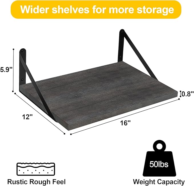 SAUMONIERES Floating Shelves Wall Bookshelf for Bedroom Bathroom Living Room Wood Wall Mounted Wide Deep Storage, Rustic Grey Wall Shelves Set of 2
