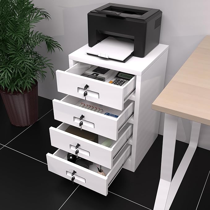 Metal Storage Cabinet with Lockable Drawers for Home Office Bedroom Living Room Organization(White)