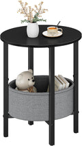 Vagusicc Round Side Table End Table with Storage Basket, Small Side Table Round Nightstand for Small Spaces, Tall Oval End Table with Steel Frame, Coffee Bedside Table for Living Room Bedroom, Black