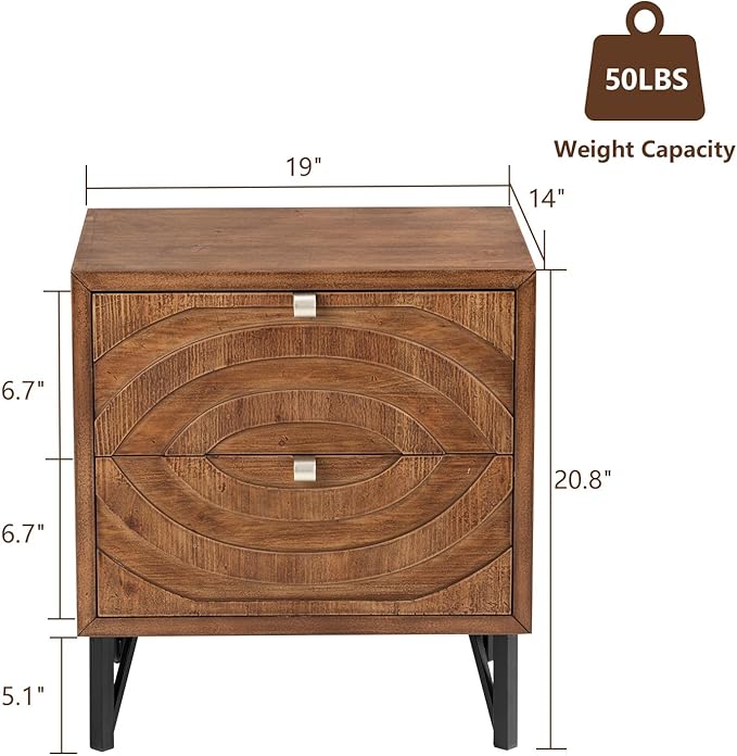 COSIEST Vintage Nightstands Set of 2, Bedside Tables with 2 Storage Drawers, Rustic End Tables for Bedroom and Living Room, Easy to Assemble (Brown, Circle Pattern)