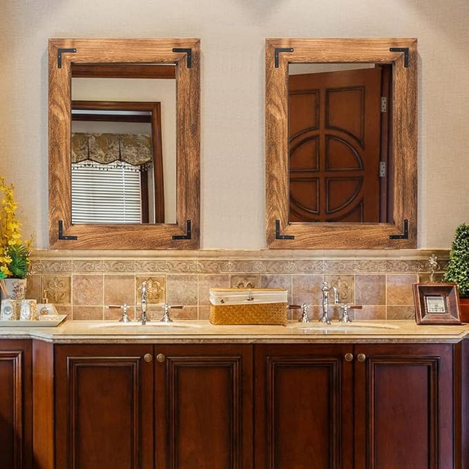 YOSHOOT Rustic Wooden Framed Wall Mirror, Natural Wood Bathroom Vanity Mirror for Farmhouse Decor, Vertical or Horizontal Hanging (26" x 18", Brown)