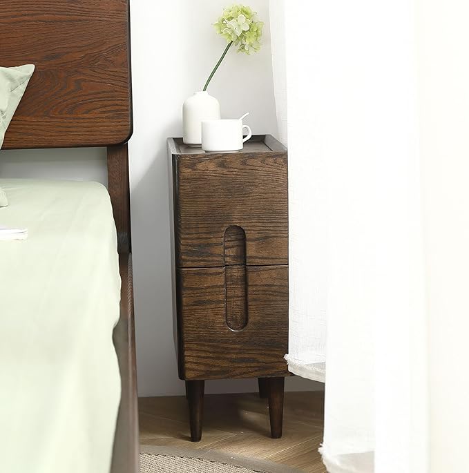 Solid Wood Bedside Table Nightstands, Slim Narrow Oak Real Wooden Mid-Century Modern End Table with Drawers Luxury Side Table Durable Cabinet Organizer Furniture, Walnut Color 7.87in Wide