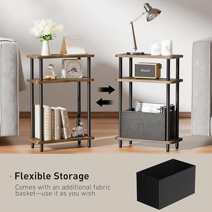 Narrow Side Table with Fabric Basket, 7" Wide, 3 Tier Skinny End Table with Wood Legs, Slim Nightstand/Bedside Table for Small Spaces, with Adjustable Feet, 15.7" L x 23" H