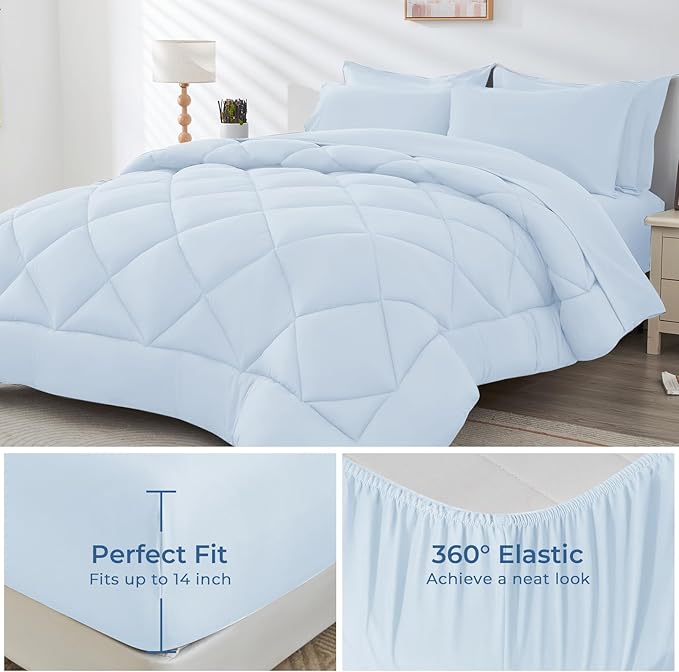HEVUMYI Light Blue King Comforter Set - 7-Piece All Season Bed in a Bag King, Ultra Soft Bedding Set with Comforter, Flat Sheet, Fitted Sheet, Pillowcases, Pillow Shams