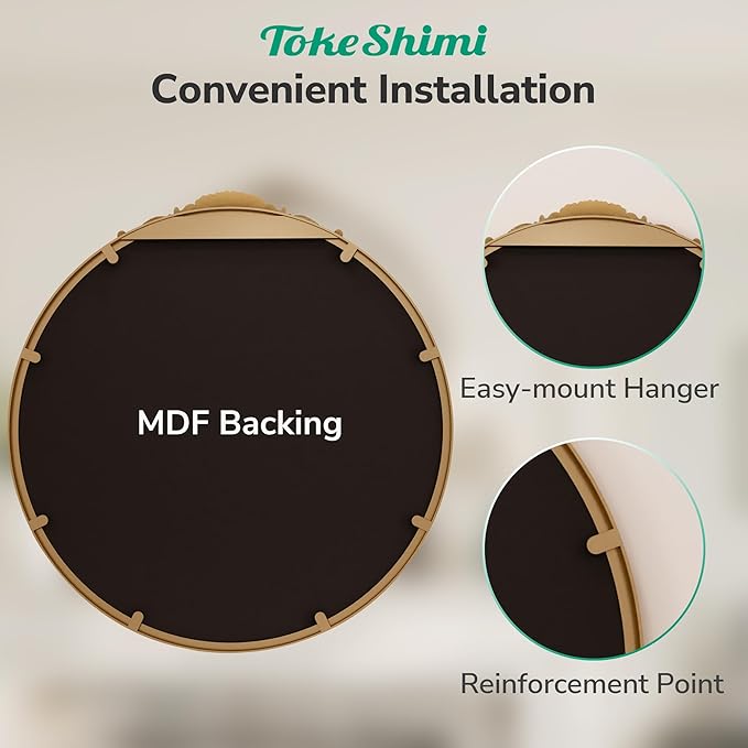 TokeShimi 36x36 Vintage Round Mirror for Wall,Metal Frame,Antique Mirror for Entryway,Hallway,Mantel,Wall-Mounted French Cleat Mounting