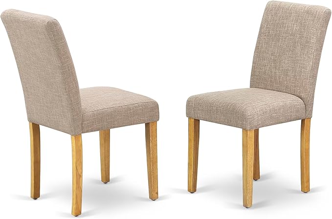 East West Furniture DMAB3-OAK-04 3 Piece Kitchen Table Set Contains a Round Dining Room Table with Dropleaf and 2 Light Tan Linen Fabric Parsons Dining Chairs, 42x42 Inch, Oak