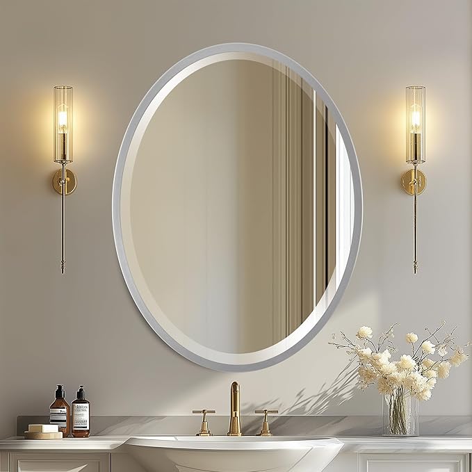OVALCREST - Oval Wooden Beveled Wall Mirror for Home Decor, Bathroom, Vanity, Bedroom, Living Room, Hallway - London Style (Silver Spray) 21.1 x 31.1