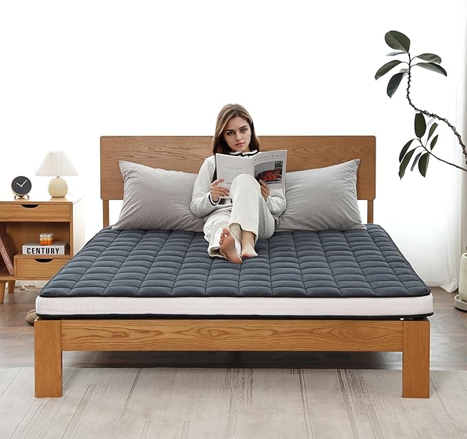 Welnow Japanese Futon Floor Mattress, Full Size Thick Tatami Mat Portable & Foldable Roll Up Floor Bed Mattress with Storage Bag, Sleeping Pad for Adults, Dorm, Guest Bed, Camping and Travel, Black