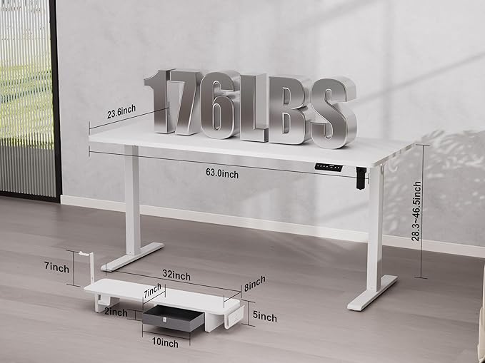 63x24 Inches Electric Standing Desk with Drawer and Monitor Stand, Height Adjustable Sit to Stand up Desk for Home Office, Ergonomic Computer Table with Phone Holder, 3 Hooks, White