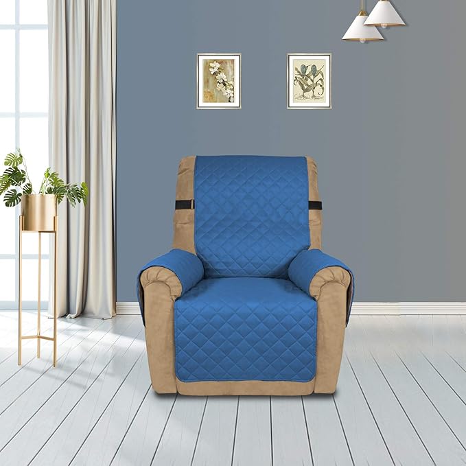 PureFit Reversible Sofa Cover Water Resistant Recliner Couch Cover, Machine Washable Furniture Cover with Adjustable Strap for Dogs, Pets (Recliner, Blue/Ivory)