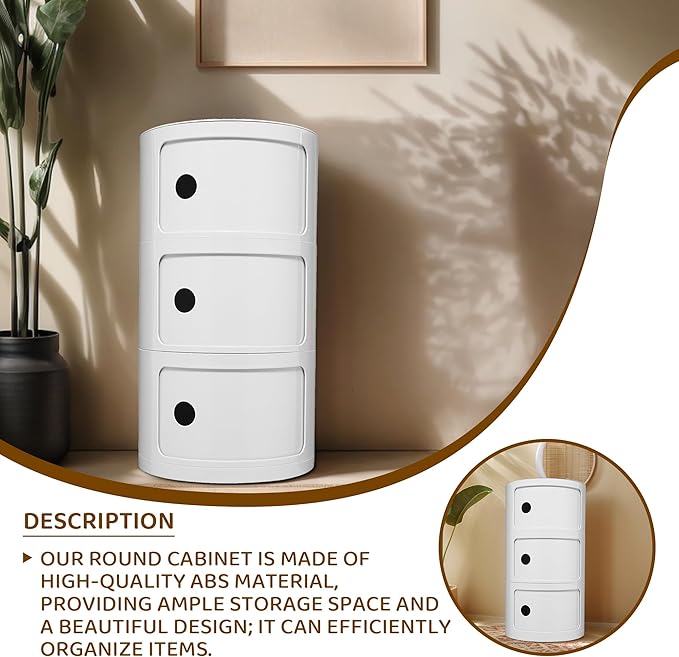 3 Tier Round with Storage, Modern Style Side Table, Multifunctional End Table Storage Cabinet for Living Room, Bedroom, Bathroom (White)