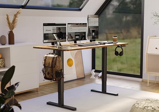 Claiks Electric Standing Desk, Adjustable Height Stand up Desk, 63x24 Inches Sit Stand Home Office Desk with Splice Board, Black Frame/Rustic Brown Top