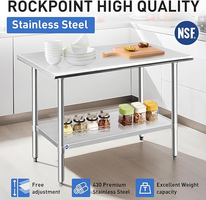ROCKPOINT Stainless Steel Table for Prep & Work 18x24 Inches, NSF Metal Commercial Kitchen Heavy Duty Table with Adjustable Under Shelf and Table Foot for Restaurant, Home and Hotel