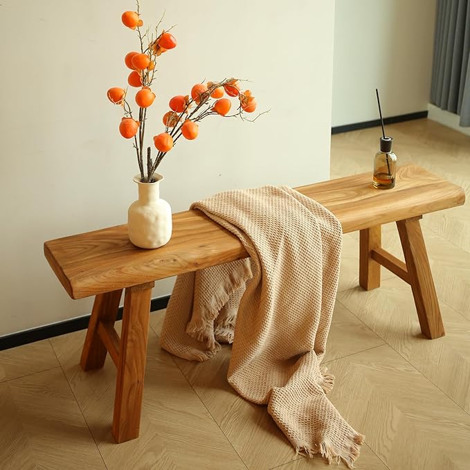 39.3in Wood Bench Indoor – Rustic Farmhouse Entryway Bench, Skinny Bench Design, Made of Extra-Thick Solid Wood, Perfect for Dining Room, Hallway, or End of Bed