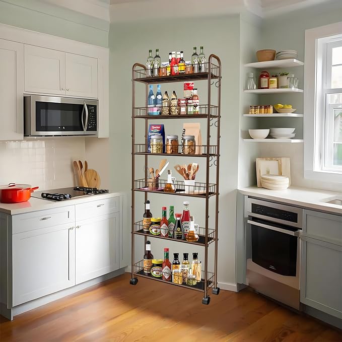 6-Tier Slim Storage Cart with Wheels, 6in Narrow Rolling Shelf,Sturdy Slim Storage Ideal for Kitchen, Bathroom, and Laundry Room,Champagne Gold