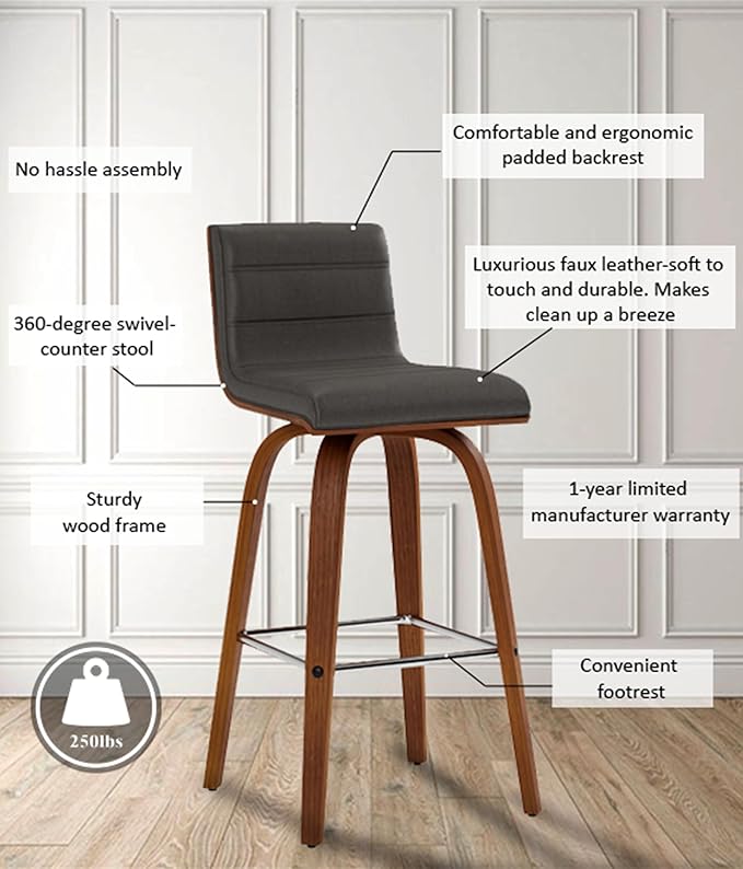 Armen Living Vienna 26" Swivel Counter Stool in Walnut Wood Finish with Gray Faux Leather - Set of 3