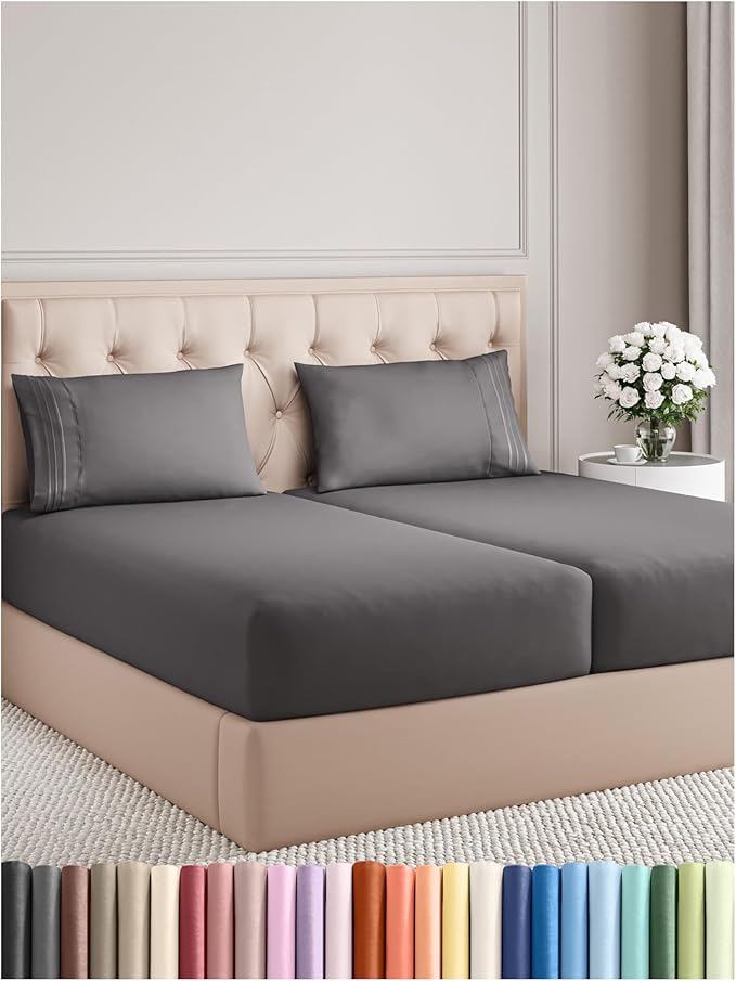 Split King Size 5 Piece Sheet Set - Comfy Breathable & Cooling Bed Sheets Set - Hotel Luxury Bedding for Women, Men, Kids, Teens, Boys & Girls - Deep Pockets, Soft, Wrinkle Free - Oeko-Tex - Dark Grey