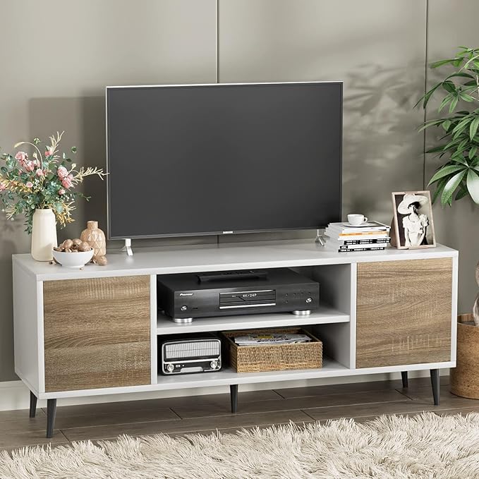 YESHOMY Modern TV Stand for 65" Television, Entertainment Center with Two Storage Cabinets, Retro Style Media Console for Living Room, Bedroom, Office, 58 Inch, Light Brown