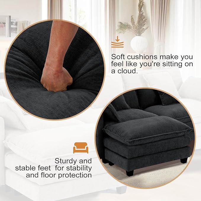 Furniliving 112‘’ L-Shaped Sofa, Luxury Chenille Modular Sectional Couches with Ottoman, Upholstered Deep Seat Sleeper Sofa with Memory Foam and Waist Pillows, Black