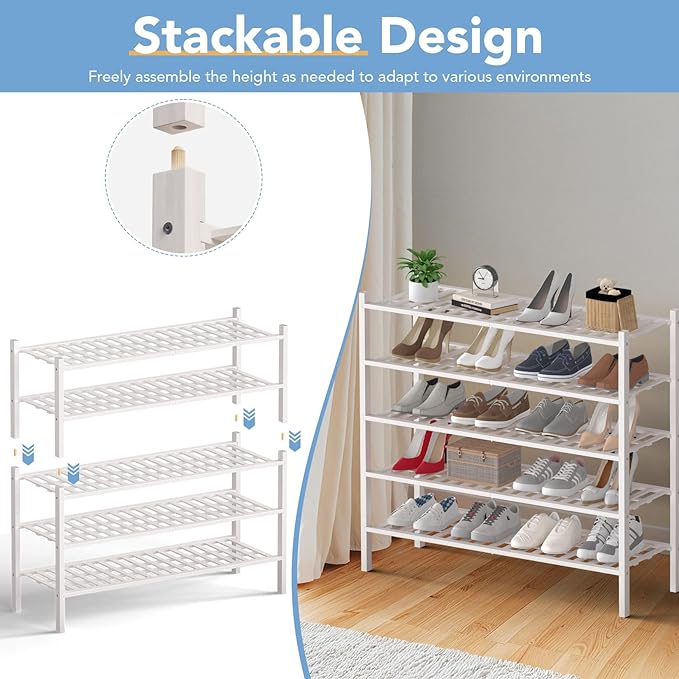 Haddockway Long 2 Tier Bamboo Shoe Rack Storage Organizer, Multifunctional Free Standing Stackable Shoe Shelf with Grid Panel for Closet,Hallway,Entryway,Small Space 34.2"x11"x13"(White, 2-Tier(Long))