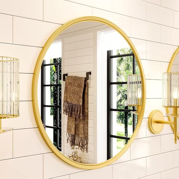 Growsun 30'' Gold Round Mirror, Circle Wall Mirror for Bathroom Vanity, Entryway Living Room with Metal Frame for Home Decor