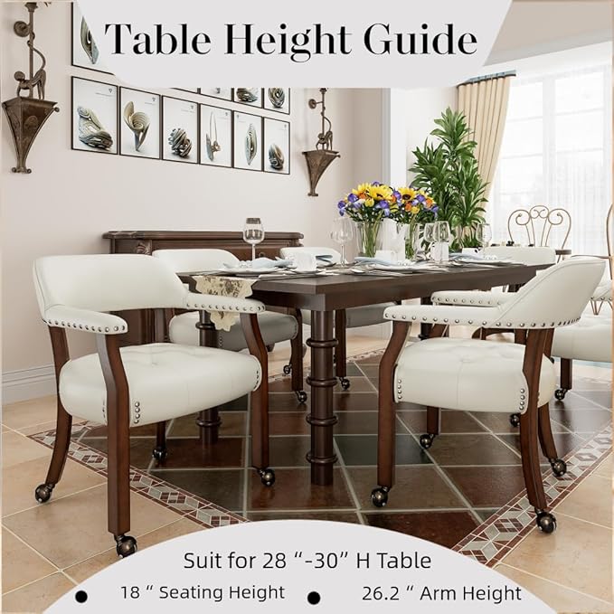 LEEMTORIG Large Dining Chairs with Casters and Arms, Rolling Dining Chairs with Wheels, Accent Game Poker Chairs, Wood Boss Caption's Chairs, 26“Dx25.2 Wx31.5“H, Cherry Legs & Ivory PU, SY-1533-WT