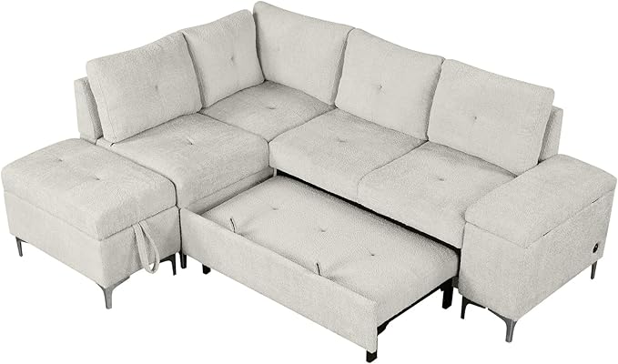 Ball & Cast 88.2" L-Shaped Sectional Pull Out Sofa with Ample Storage Space,Versatile Convertible Couch w/Two Cup Holders and Two USB Ports,Movable Storage Ottoman,for Living Room,Apartment,Beige