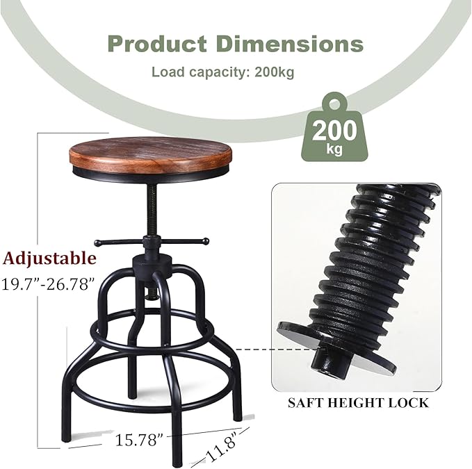 LOKKHAN Vintage Industrial Bar Stool-Rustic Swivel Barstools-Round Wood Metal Base-Kitchen Counter Height Adjustable Pipe Stool-Cast Steel Chairs 20-27 Inch (Set of 2)